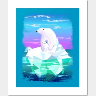 Polar Bear Mom and Baby on Iceberg Posters and Art